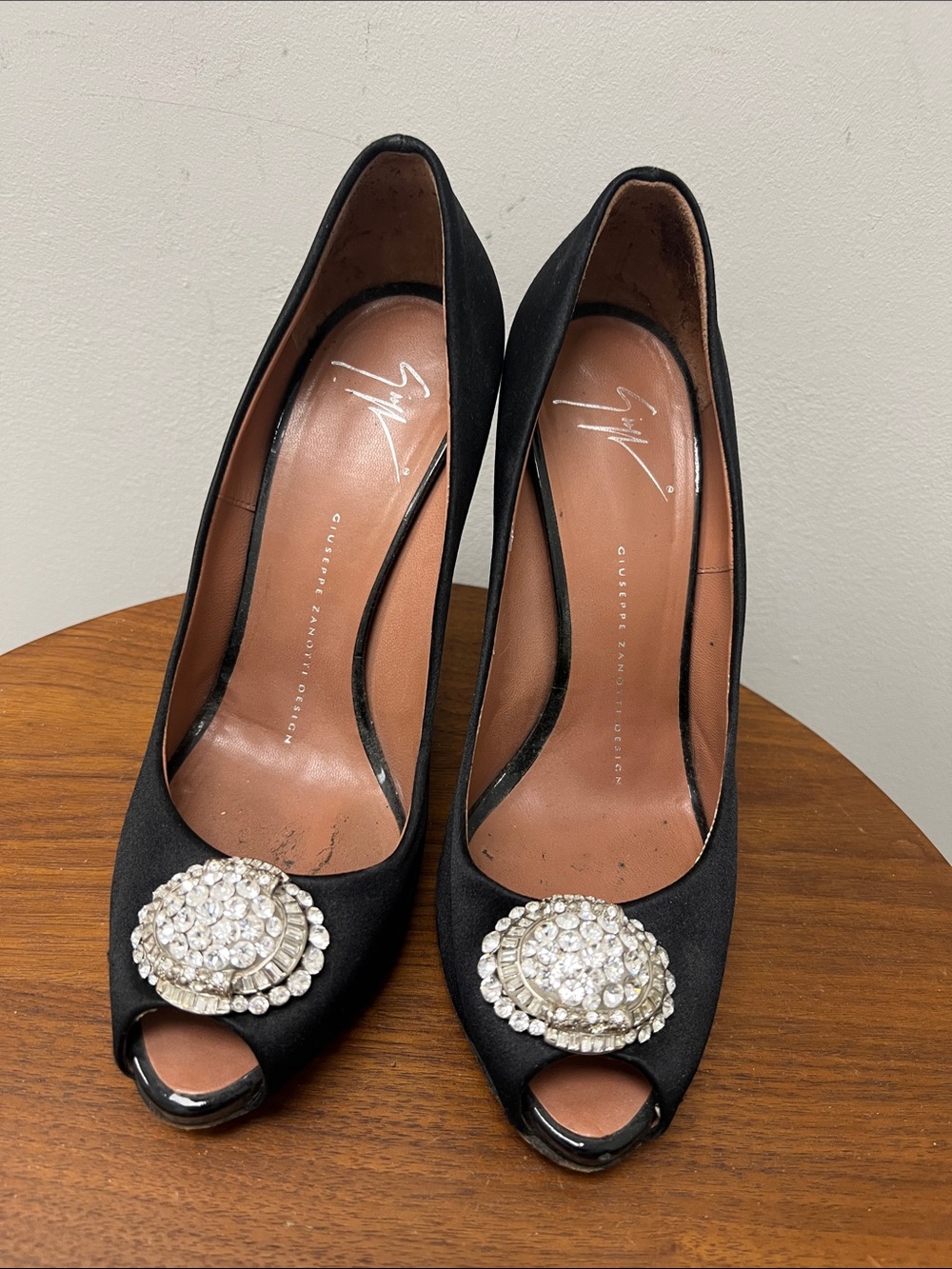 Giuseppe Zanotti Black Satin Peep-Toe Heels with Crystal Medallion